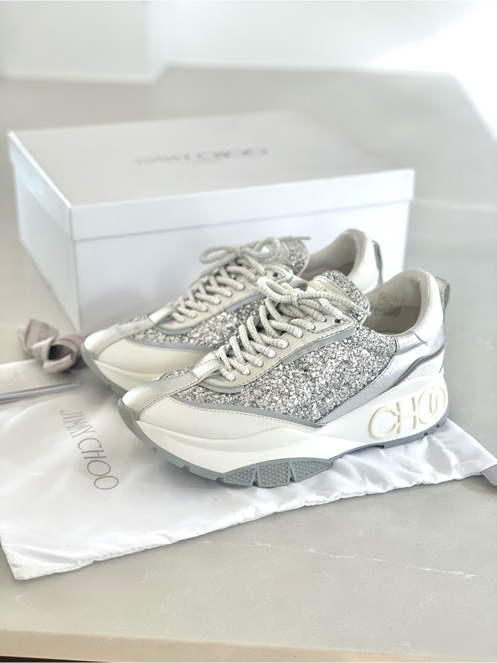 NWT Jimmy Choo Raine Silver Mix Chunky Sneakers w/ box and dust bag EU38 US8